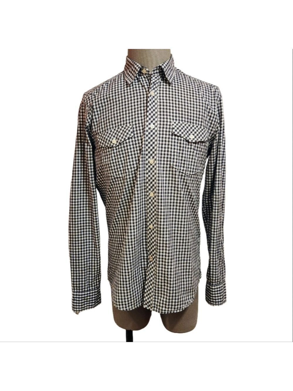 H&M LOGG Mens Checkered Button Front Shirt Black White Large